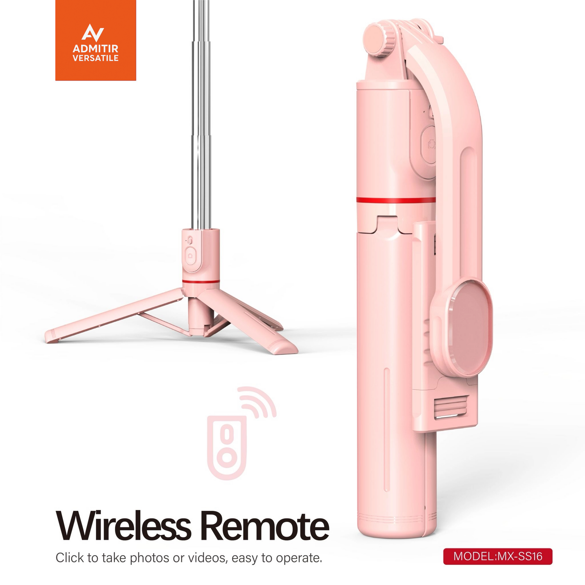 Pink Portable 3-In-1 Selfie Stick