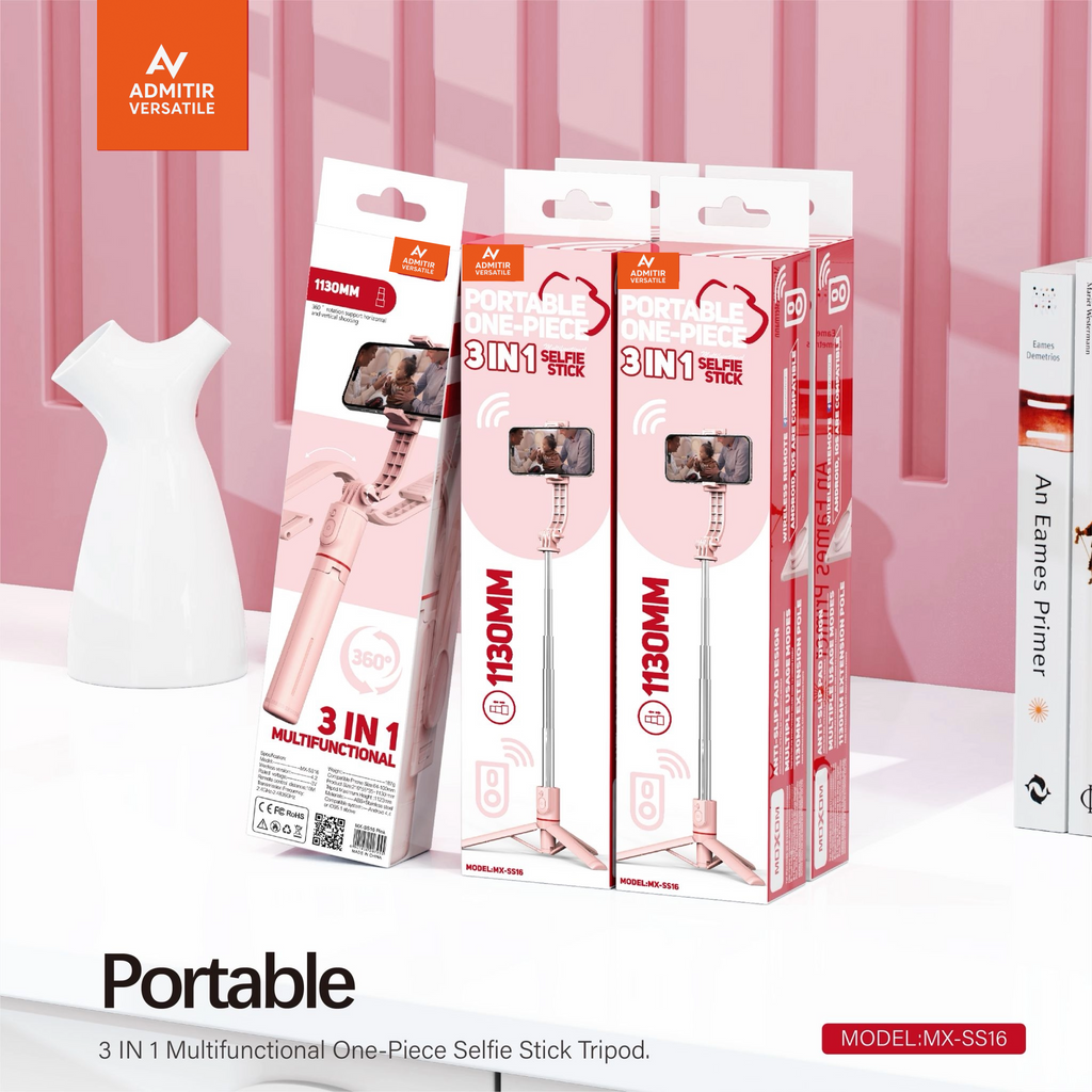 Pink Portable 3-In-1 Selfie Stick