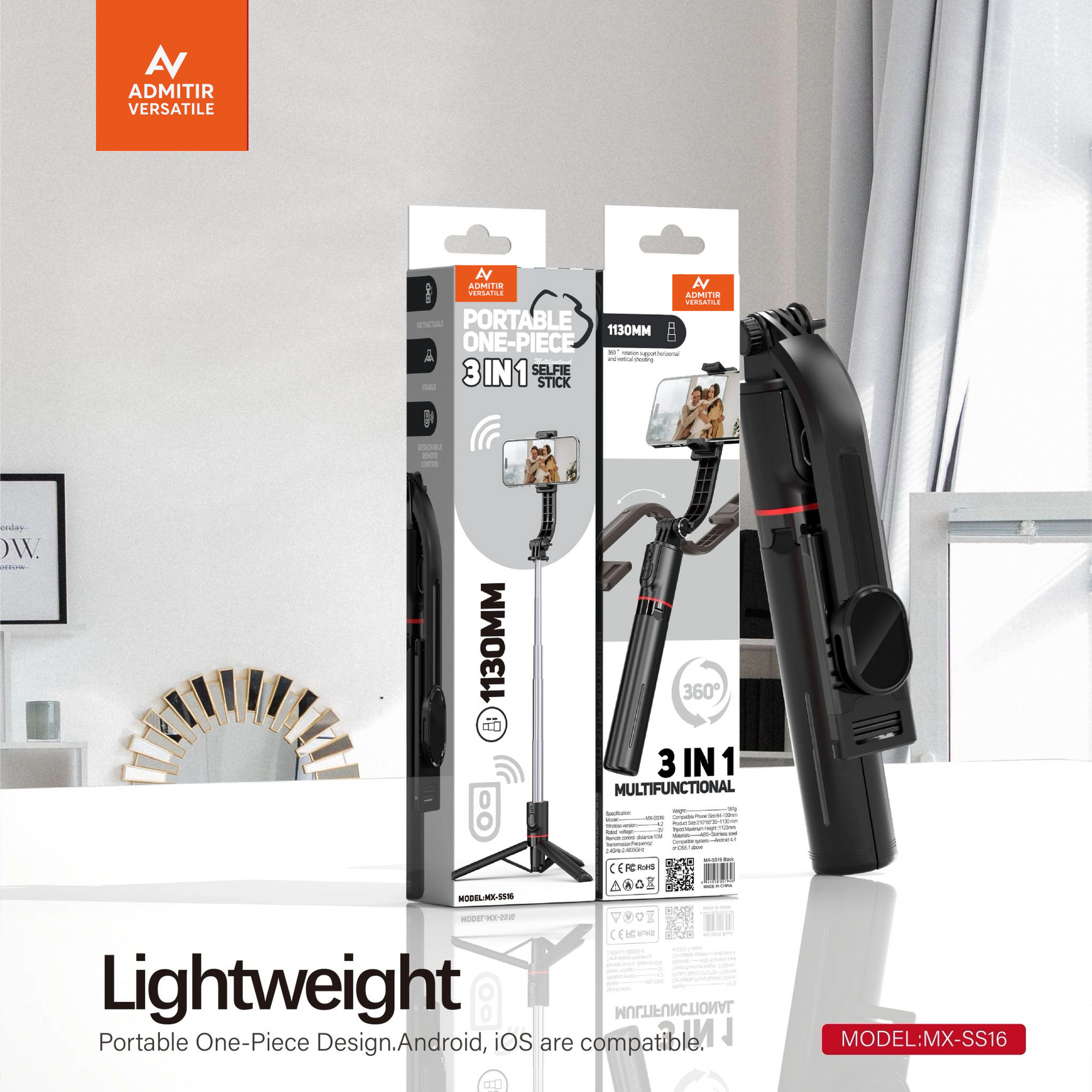 Black Portable 3-In-1 Selfie Stick